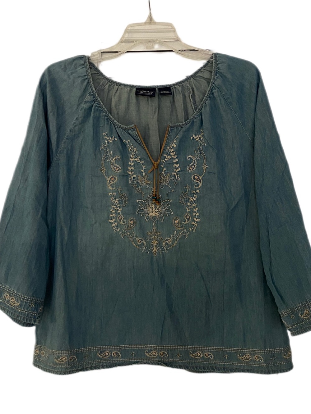 Vintage Sonoma Chambray Blue Embroidered Peasant Blouse Size Large - Picture 2 of 14